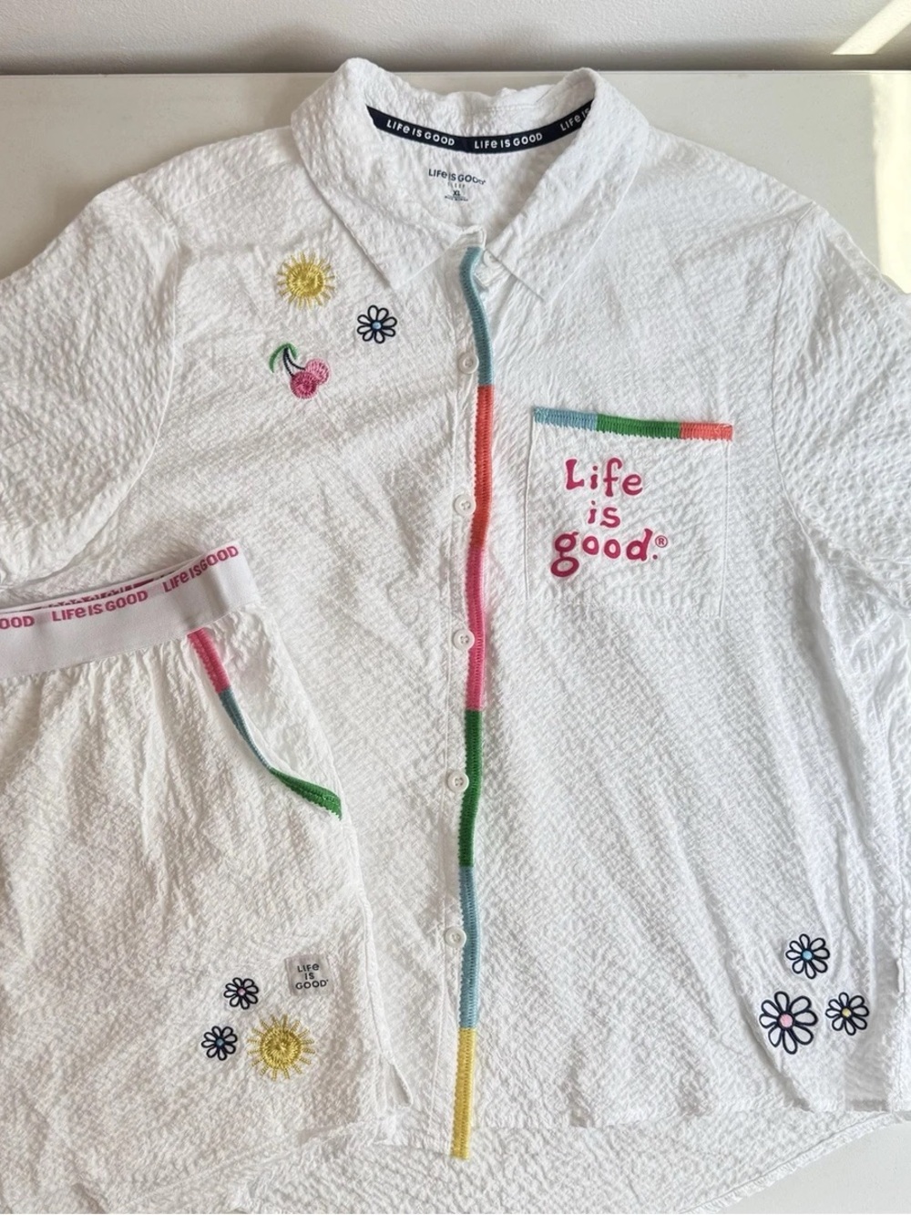 Life Is Good Sleep Set Seersucker Embroidered Rainbow Pajama Top & Shorts White - Picture 2 of 12